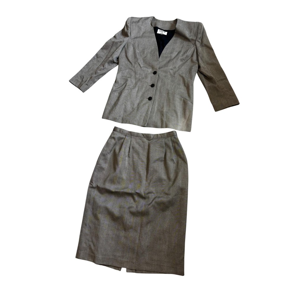 Kasper for A.S.L. Skirt Suit 14 Grey Herringbone Vintage Professional Workwear